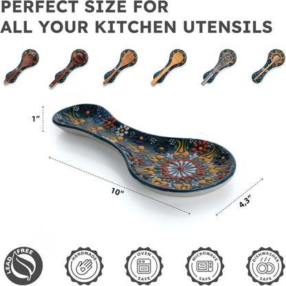 Handmade Spoon Rest, Ceramic Spoon Rest for Stove Top, 10" Spoon Rest for Kitchen Counter, Dishwasher Safe Spoon Holder for Stove, Housewarming Gifts Utensil Rest, Colorful Spoon Rests (Black)