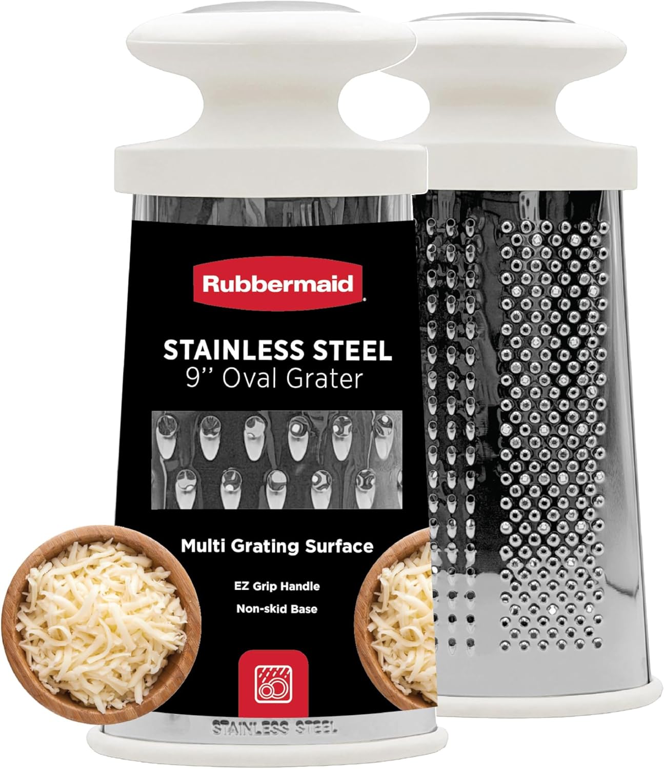 Rubbermaid Stainless Steel Cheese Grater - 9.5" Oval Handheld Box Grater with EZ Grip Handle - Multi-Surface Food & Cheese Shredder | Zester & Graters for Kitchen - Dishwasher Safe, Black