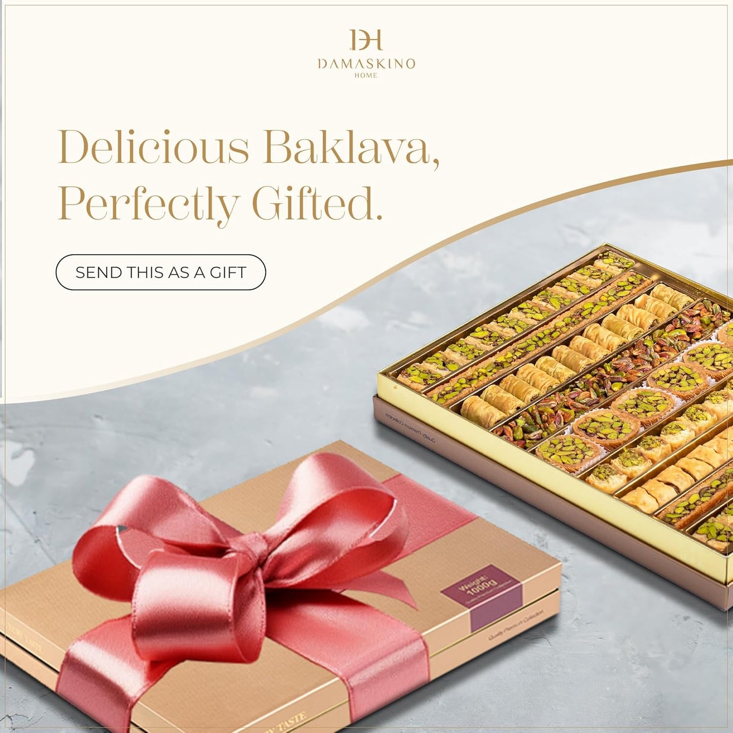 Damaskino Home Assorted Turkish Baklava Gift Box – 1.1lb (500g) 35 Pieces – Traditional Pistachio Baklava Pastry with Walnut & Cashew Fillings – Authentic Middle Eastern Sweets – Pistachio Gift Box
