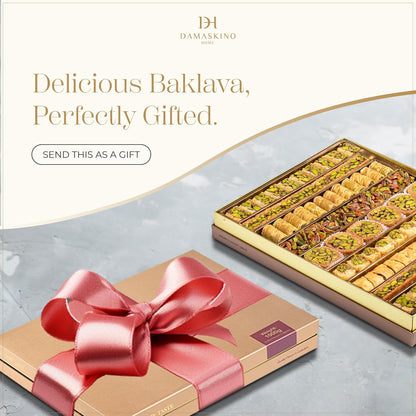 Damaskino Home Assorted Turkish Baklava Gift Box – 1.1lb (500g) 35 Pieces – Traditional Pistachio Baklava Pastry with Walnut & Cashew Fillings – Authentic Middle Eastern Sweets – Pistachio Gift Box