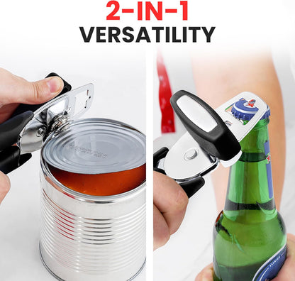 Zulay Kitchen Can Opener with Large Bottle Opener - Heavy Duty Stainless Steel Manual Can Opener with Turn Knob and Soft Grip Handles - Black