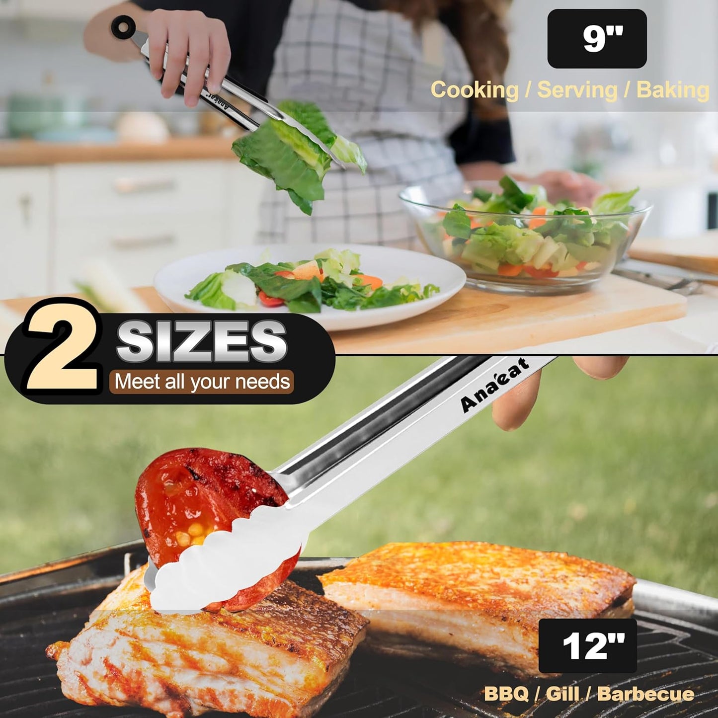 Anaeat Non-Stick Silicone Locking Tong Set of 3 - Stainless Steel 7", 9", 12" Kitchen Food Tongs with Non-Slip Silicone Tips and Grip for Cooking, Baking and BBQ - Heat Resistant up to 480°F (Black)