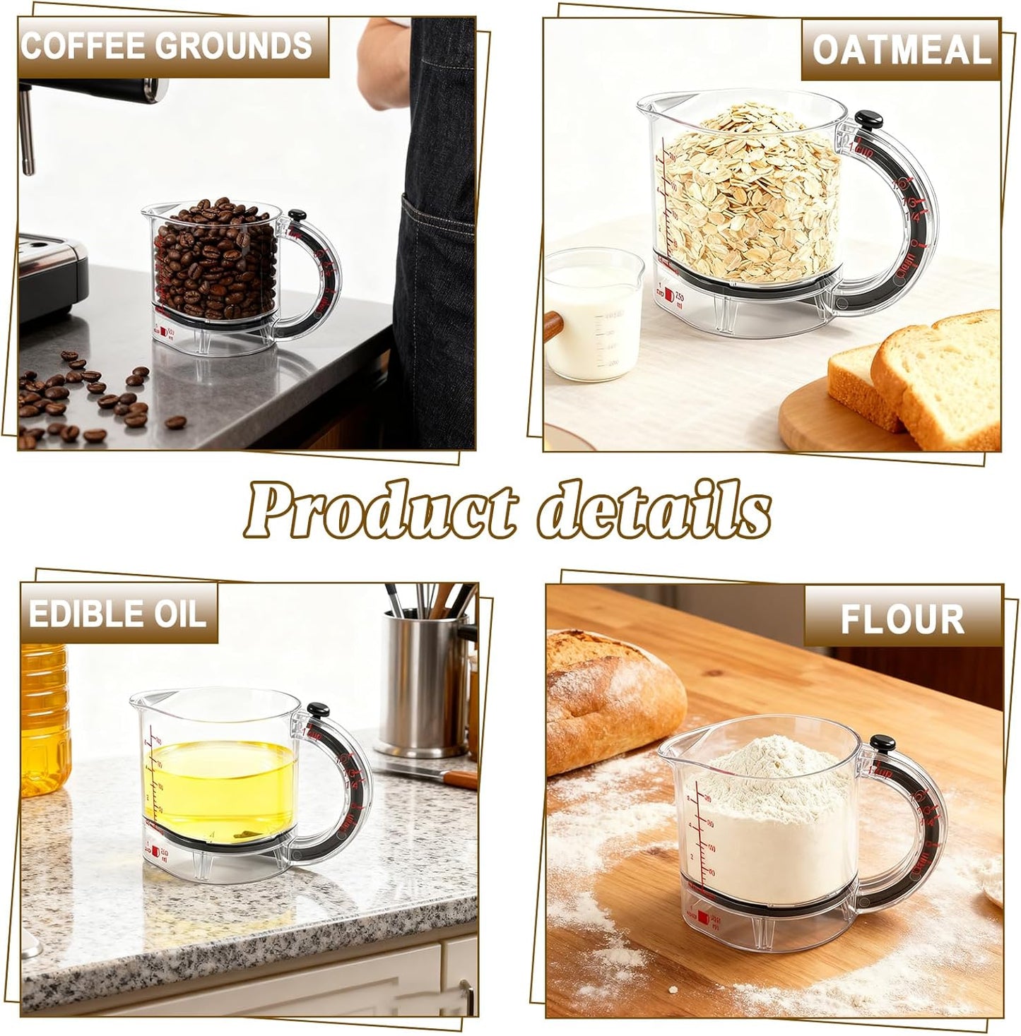 4-in-1 Adjustable Measuring Cup - Multi-Functional Measuring Cup, with Adjustable Base & Scraper-Style Seal Base, Space-Saving Easy to Clean for Cooking and Baking & Ingredients