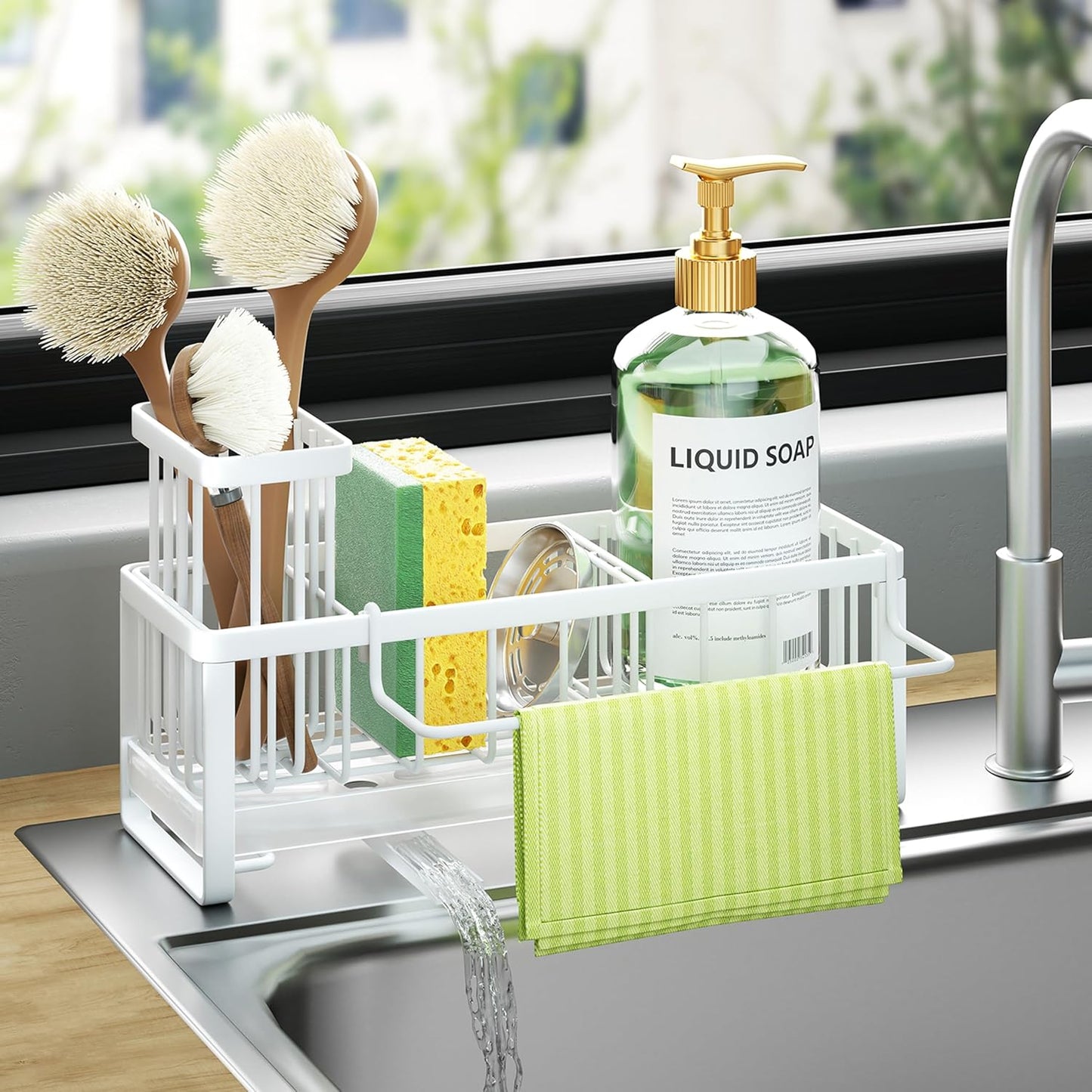 HapiRm Sponge Holder for Kitchen Sink - Self-draining Sink Caddy with Brush and Dishcloth Holders, Stainless Steel Kitchen Countertop Organizers and Storage Essentials - Black