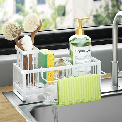 HapiRm Sponge Holder for Kitchen Sink - Self-draining Sink Caddy with Brush and Dishcloth Holders, Stainless Steel Kitchen Countertop Organizers and Storage Essentials - Black