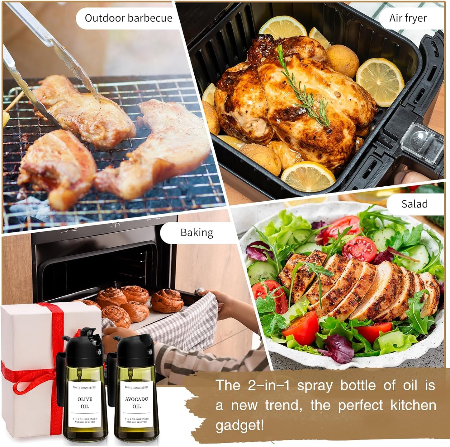 Oil Sprayer for Cooking 2pcs,2 in 1 Oil Dispenser and Oils Sprayer Kitchen Gadgets-16oz Glass Oils Spray Bottle,Mist Olive OilDispenser,Air Fryer,Salad,Grill (White Kitchen Accessories)