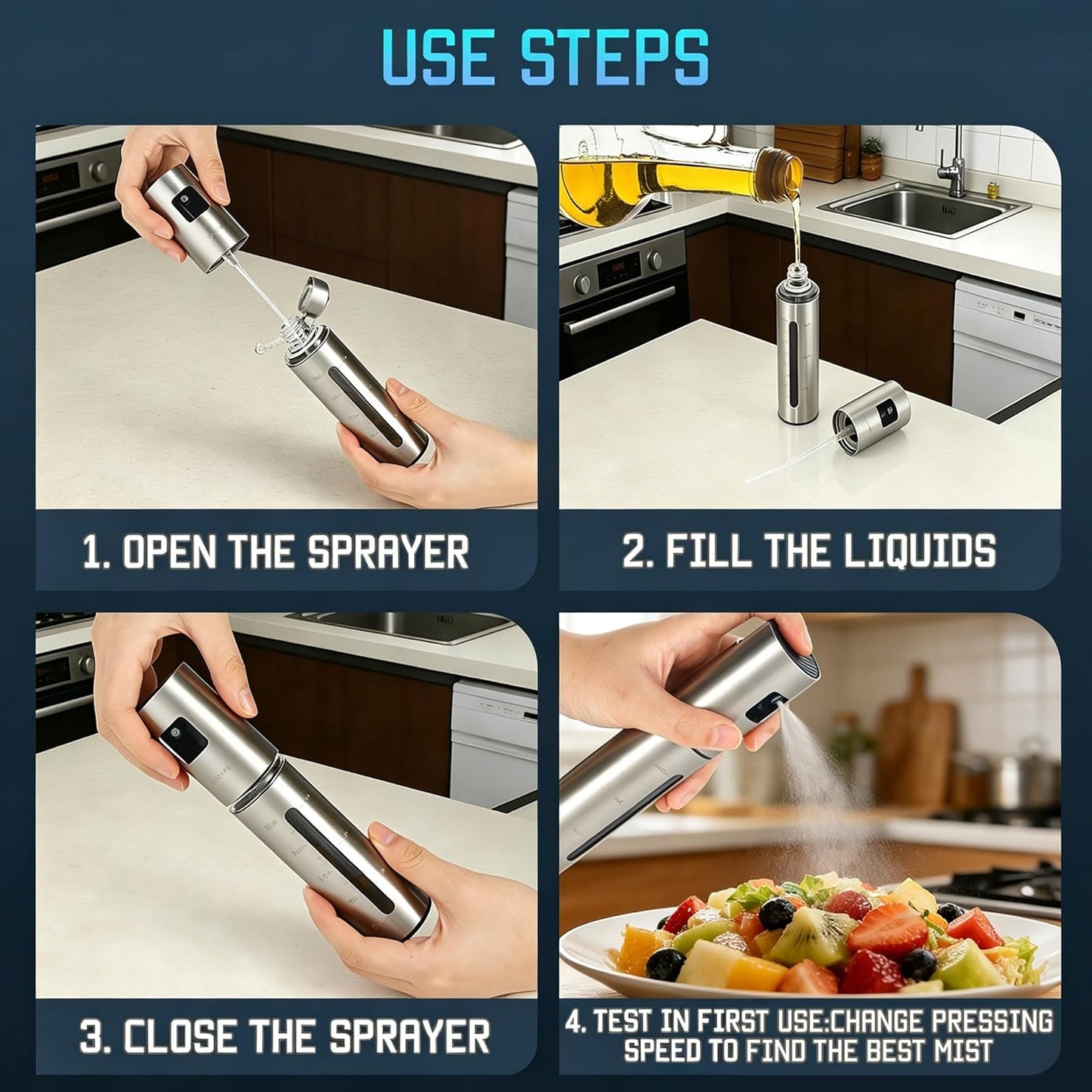 Olive Oil Sprayer for Cooking, Small Avocado Oil Spray Bottles, Stainless Steel Oil Sprayer for Cooking, Oil Mister Dispenser Spritzer Bottle for Kitchen, 100ml, Leak-Proof and Portable.