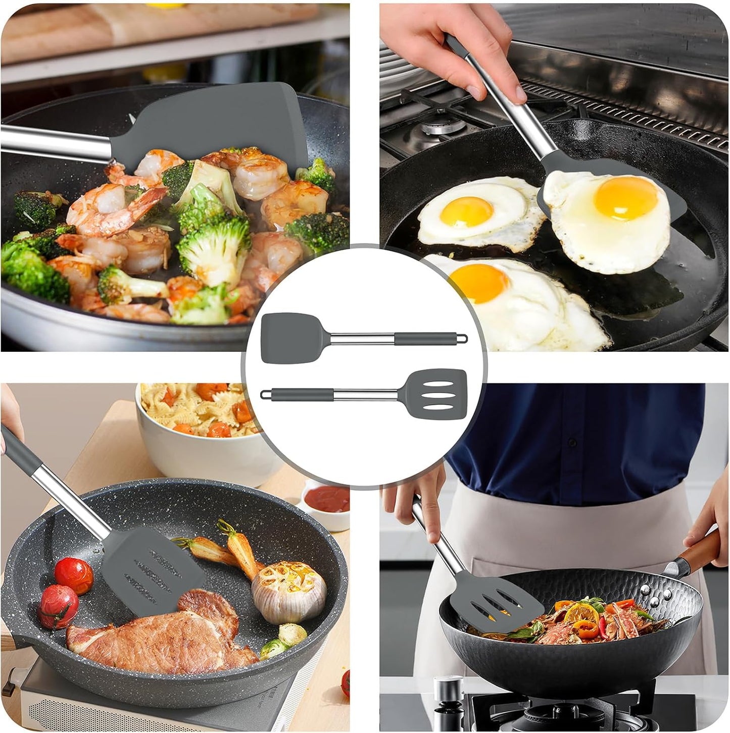 TeamFar Kitchen Utensils, 4 PCS Silicone Cooking Utensils Spatula Spoon Set with Stainless Steel Handle, for Frying Mixing Draining Turning, Healthy & Heat-proof, Non-stick & Dishwasher Safe - Black