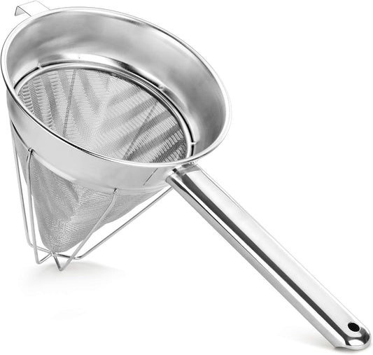 New Star Foodservice Chinois Mesh Strainer, Stainless Steel, Reinforced, Extra Fine Mesh, 10-Inch