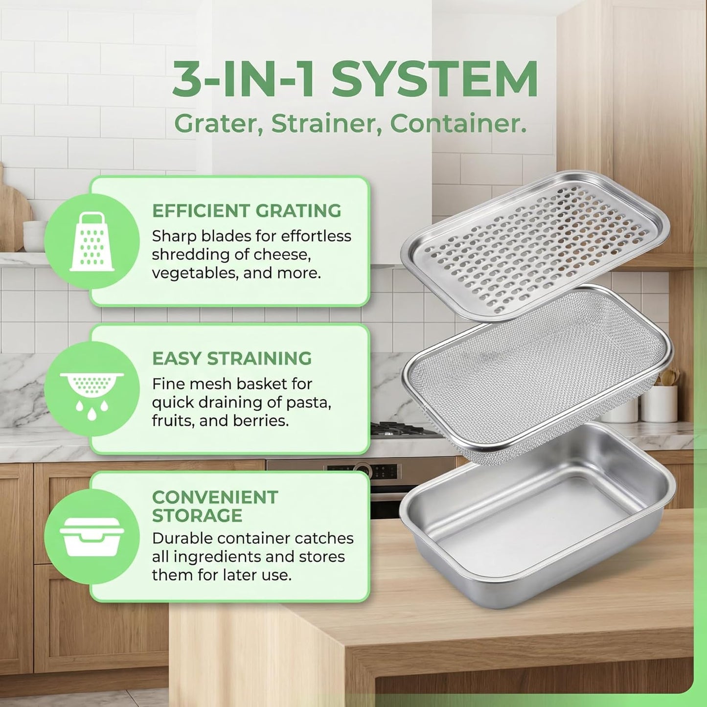 3 in 1 Box Grater with Container, Food-Grade 304 Stainless Steel Cheese Grater for Kitchen, Multi-Functional Cheese Shredder & Vegetable Grater with Flour Sieve