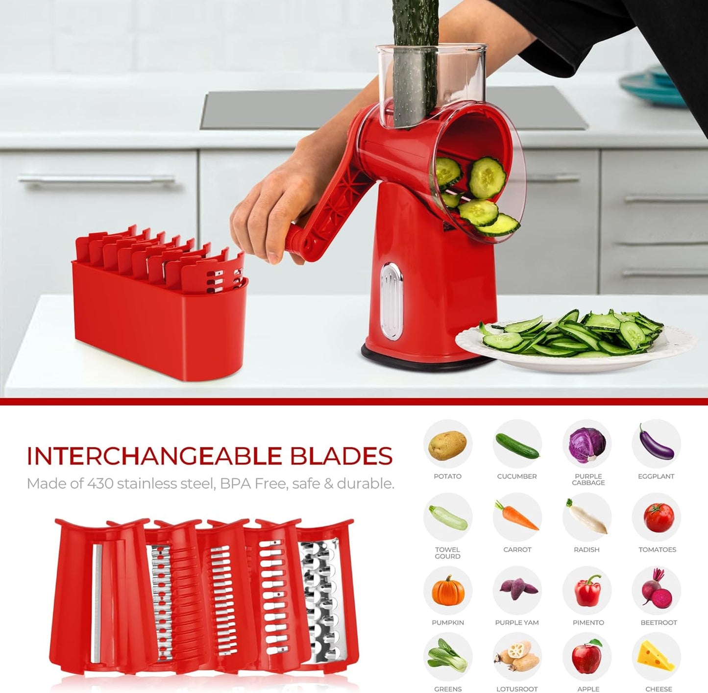 SUSTEAS Rotary Cheese Grater with Handle - Vegetable Shredder with 5 Well-designed Blades & Strong Suction Base,Round Mandoline Slicer & Food Chopper for Kitchen,with Blade Storage Box(Beige)
