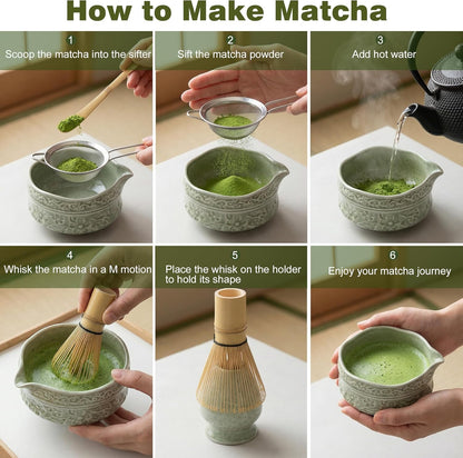 Matcha Whisk Set -7 Pcs Ceramic Matcha Kit Includes Matcha Bowl,Holder,Matcha Sifter, Bamboo Whisk (Chasen),Matcha Spoon and Scoop and Tea Towel,Matcha Kit for Matcha Lovers(Cyan)