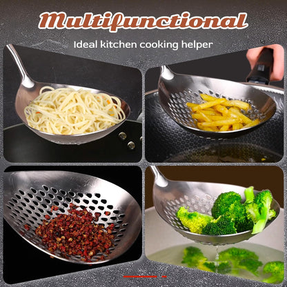 MARTE Skimmer Slotted Spoon Set of 4 - Kitchen Pasta Strainer Spoon - Spider Strainer Skimmer Ladle Spoon with Holder for Cooking and Frying Food, Spaghetti, Vegetable, Dumpling - 14.8In,16.5In,17In