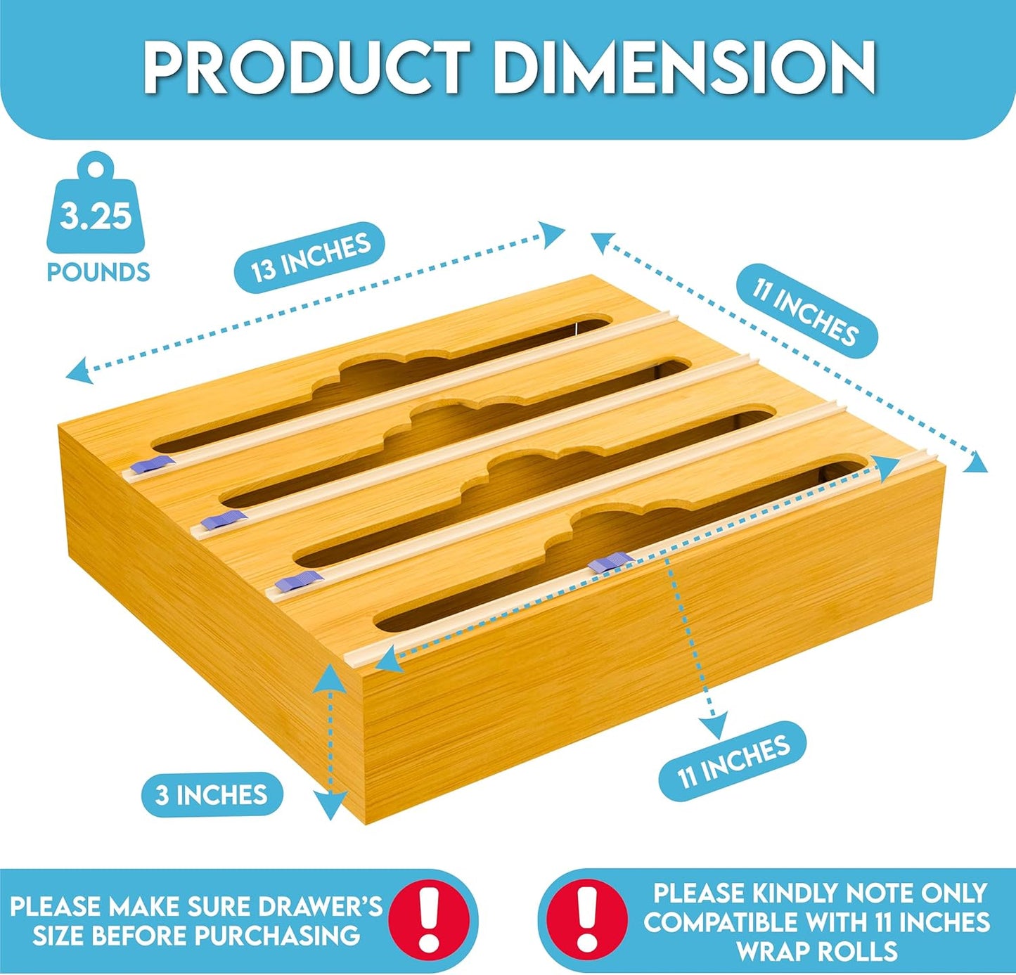 Bamboo Aluminum Foil Organizer & Plastic Wrap Dispenser with Cutter - 4 in 1 Parchment, Wax Paper & Saran Wrap Holder - Tin Foil Food Wrap Organizer for Kitchen Drawer, Countertop & Pantry - 11" Rolls