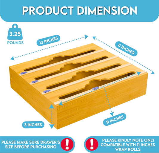 Bamboo Aluminum Foil Organizer & Plastic Wrap Dispenser with Cutter - 4 in 1 Parchment, Wax Paper & Saran Wrap Holder - Tin Foil Food Wrap Organizer for Kitchen Drawer, Countertop & Pantry - 11" Rolls