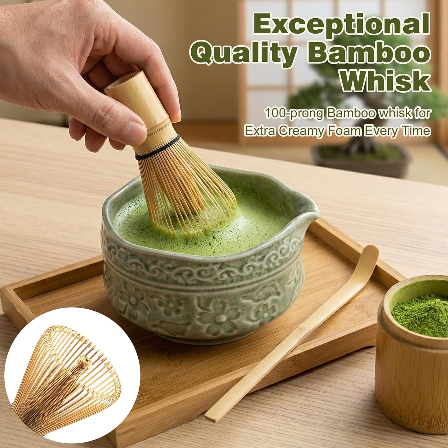 Matcha Whisk Set -7 Pcs Ceramic Matcha Kit Includes Matcha Bowl,Holder,Matcha Sifter, Bamboo Whisk (Chasen),Matcha Spoon and Scoop and Tea Towel,Matcha Kit for Matcha Lovers(Cyan)