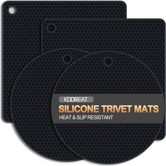 4 Pack Silicone Trivets for Hot Dishes, Heat-Resistant Non-Slip Hot Pads for Kitchen Countertops and Tables, Food-Grade Thick Silicone Mats (Black)