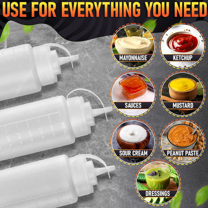 Set of 6 Inverted Condiment Squeeze Bottles 16 oz – Upgraded Design with Added Sealing Gaskets, Self-Closing Valve, Easy-to-Fill Clear Bottles for Sauces, Dressings, Ketchup, Mustard for Everyday Use