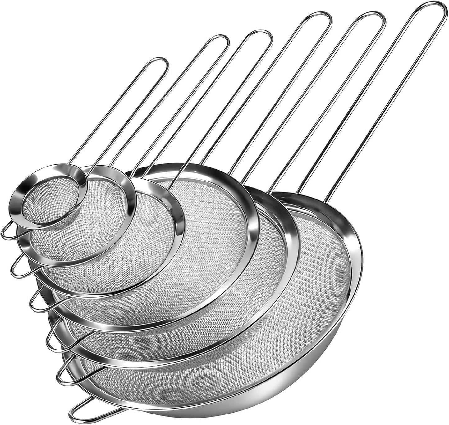6 Pcs Fine Mesh Strainers with Handle, Stainless Steel Sifter Small Medium Large Strainer Set, Metal Sieve for Baking Flour, Tea, Cocktail, Juice