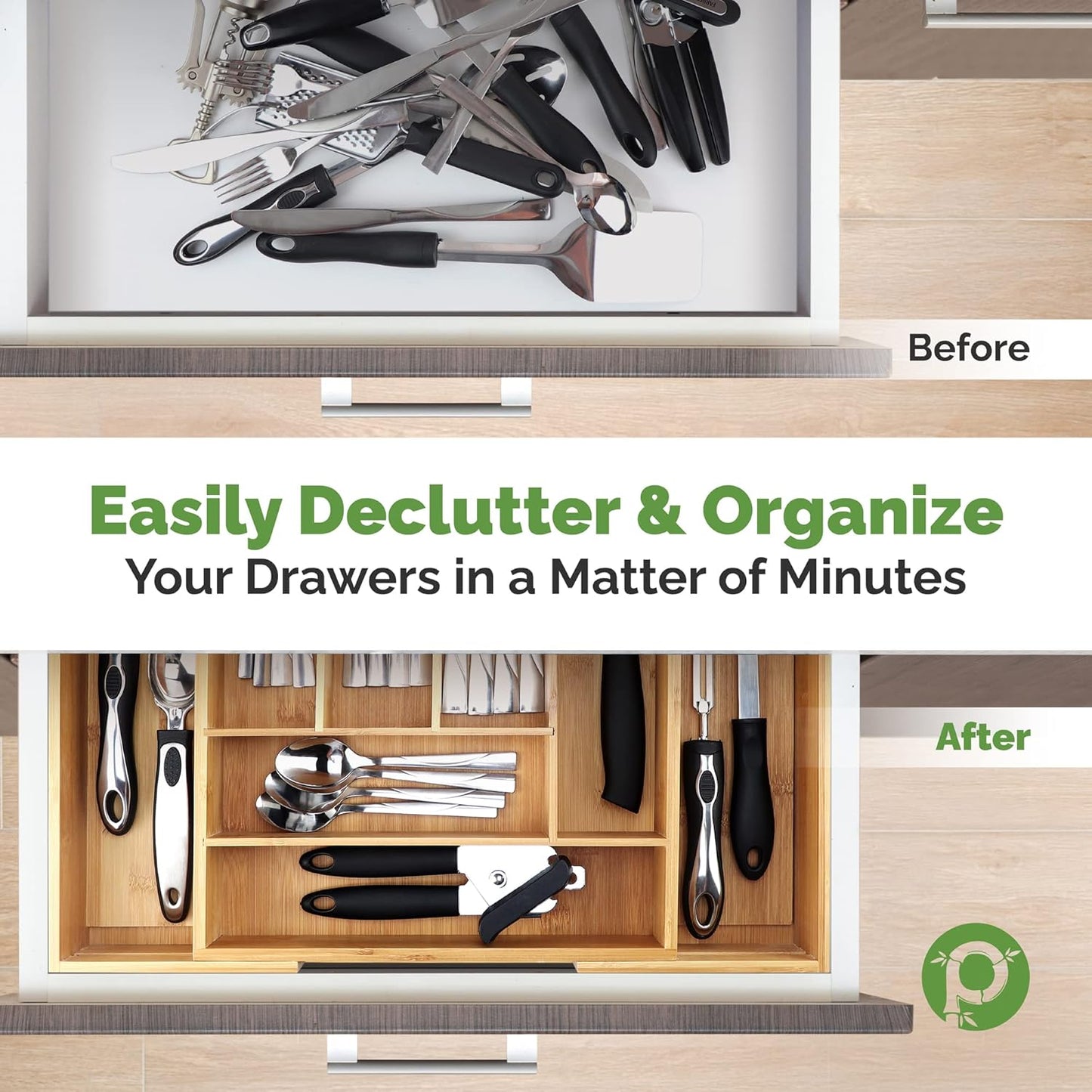 Pristine Bamboo Silverware Organizer - Small Extra-Deep Wooden Kitchen Drawer Organizer Divider for Spoons, Forks, Knives & Cutleries - 5 Slots