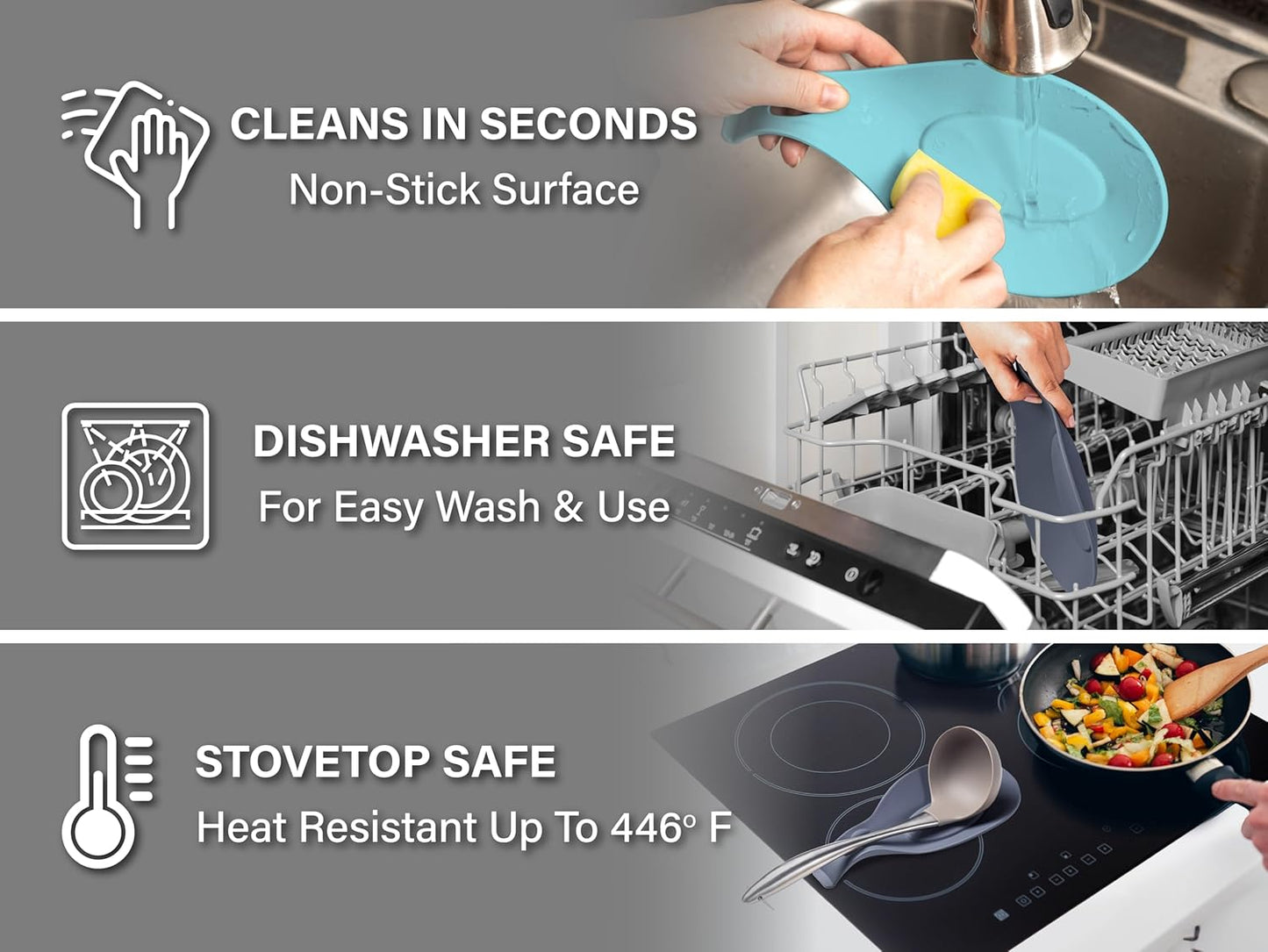 Silicone Spoon Rest for Stove Top Set of 2 – HEAT RESISTANT DISHWASHER SAFE Kitchen Utensil Holder for LARGE Utensils - Won’t Break - Non-Slip - Ideal for Glass & Induction Cooktops - for Home Cooks