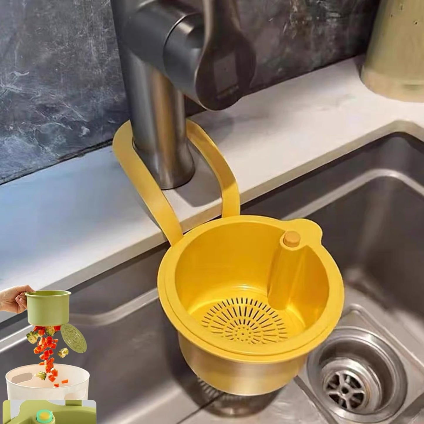 yanxiao Sink Strainer Basket - Multifunction Hanging Sink Colander Drain Basket, Upgrade Quick Draining Kitchen Tool with Bottom Release for Mess-Free Hands-Free Cleanup (Green)