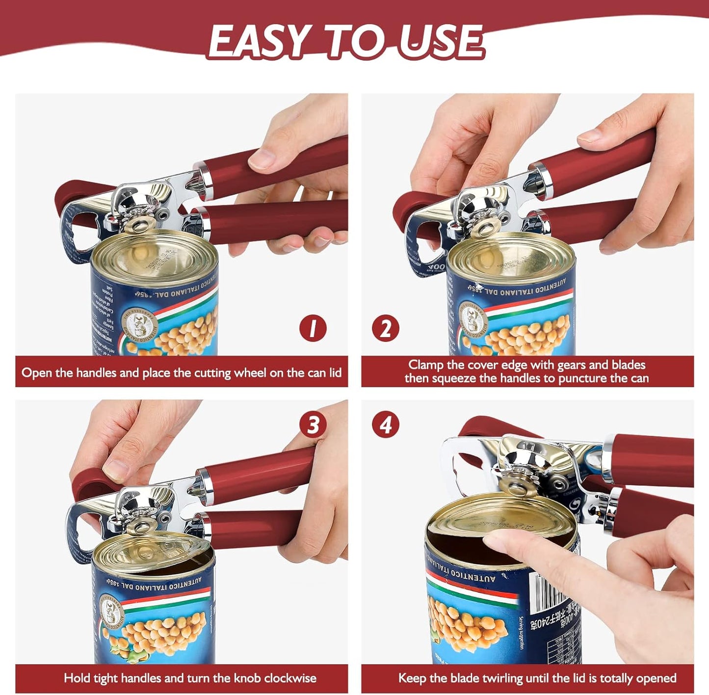 Mebotem 10 Colors Can Opener Manual Handheld Heavy Duty Hand Can Opener Smooth Edge Stainless Steel Can Openers Top Lid Kitchen Gadgets, Best Large Rated Easy Turn Knob, with Bottle Opener, Burgundy