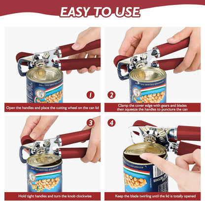 Mebotem 10 Colors Can Opener Manual Handheld Heavy Duty Hand Can Opener Smooth Edge Stainless Steel Can Openers Top Lid Kitchen Gadgets, Best Large Rated Easy Turn Knob, with Bottle Opener, Burgundy