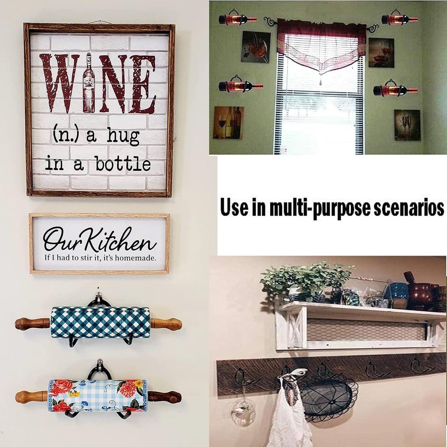AUXPhome Pack of 4 – Rolling Pin Holder Display Rack Storage Organizers Wall Mount Hooks – Home Decor Kitchen Wall Hanging Multi Purpose Bottle Rack - No Rolling Pin