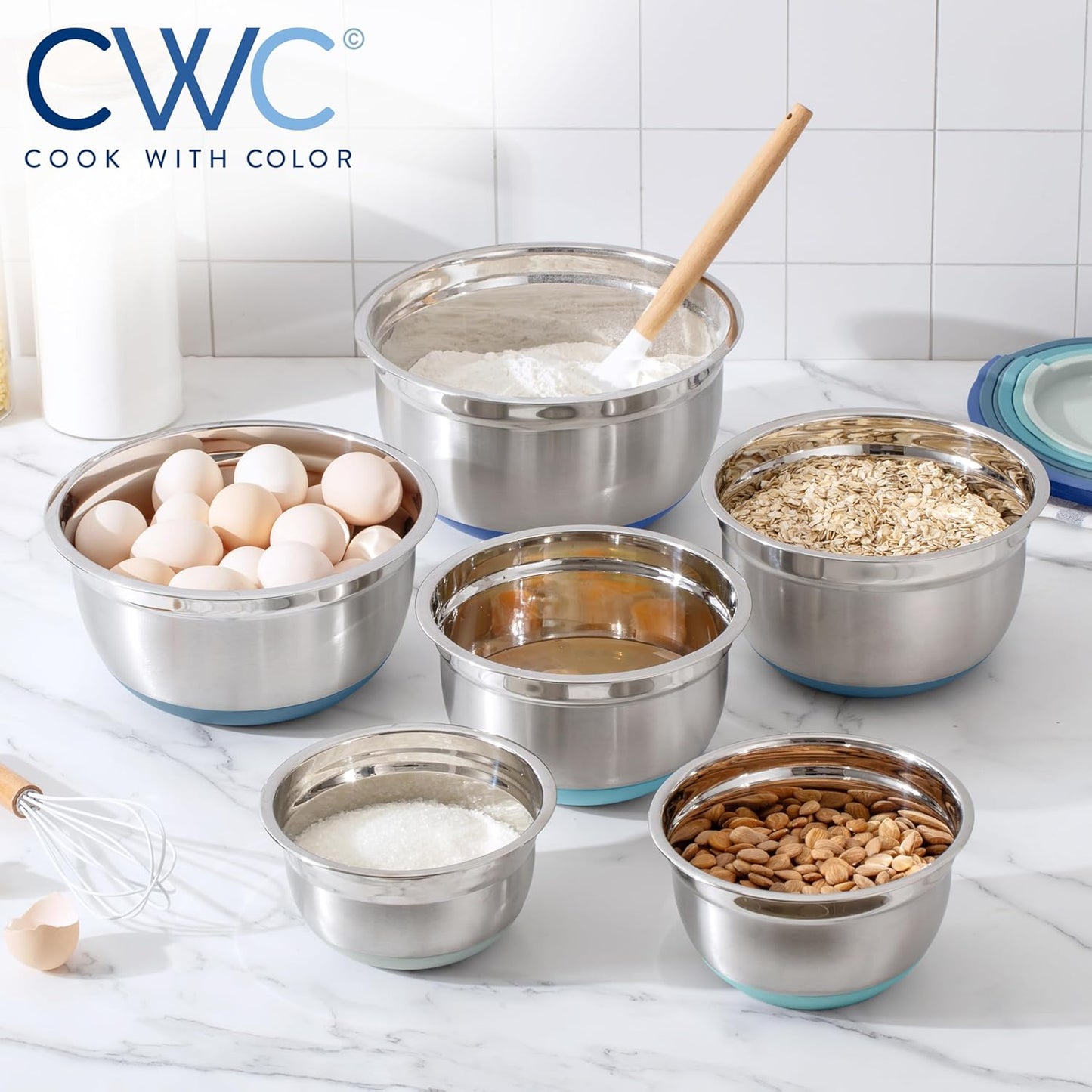 COOK WITH COLOR Stainless Steel Mixing Bowls Set with Lids - Nesting Bowls with Non-Slip Bottom, Silver, 14 Pieces