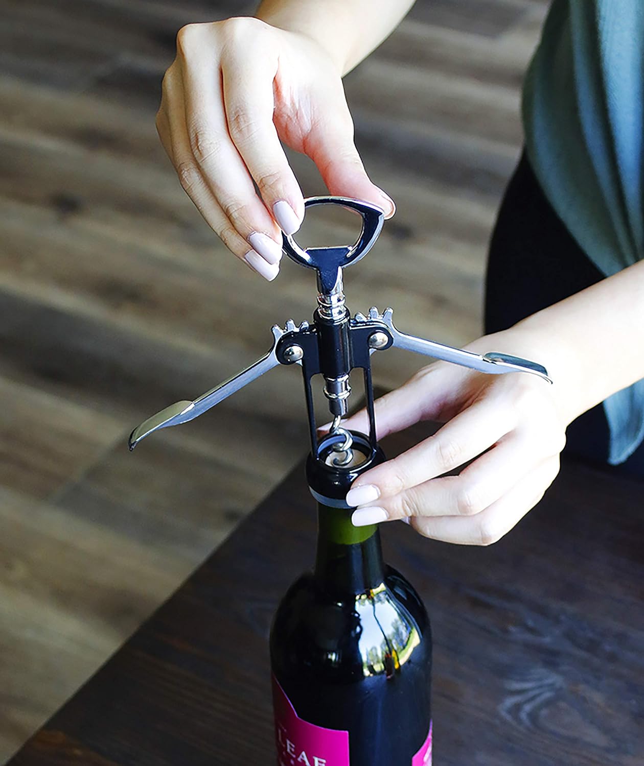 Evriholder Winged Corkscrew for Wine Bottles, Easy Manual Cork Remover, Multi-Purpose Opener for Beer and Soft Drinks, Ergonomic Handle, Stainless Steel, Dishwasher Safe, Black