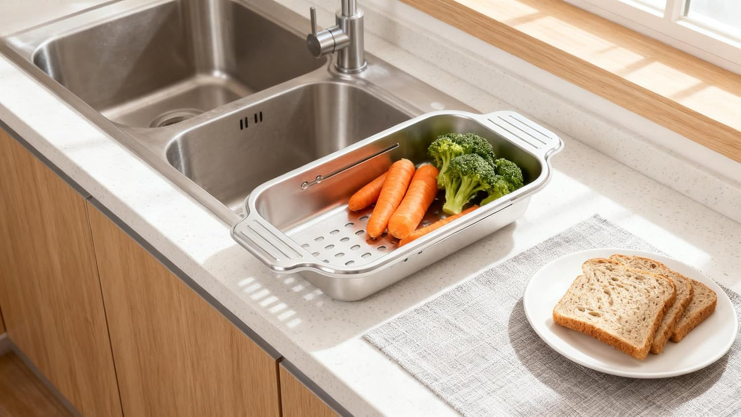 AYNEFY Extendable Over The Sink Basket Expandable Stainless Steel Colander 304 Food Grade Strainer for Washing Vegetables Fruits Pasta Dishes with Rubber Grip Handles (S)