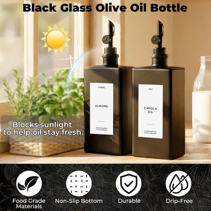 2PCS 16.9oz Olive Oil Dispenser Bottle For Kitchen, Soy Sauce Dispenser, Dark Glass Bottles for Oil and Vinegar Dispenser Set W.2 Replacement Spouts & Labels, Coffee Syrup Dispenser (Black)