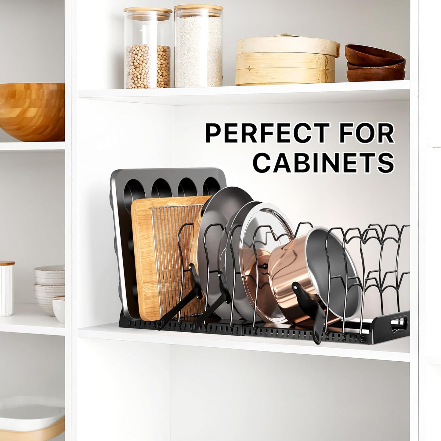 Simple Houseware Expandable Pan Organizer Rack, 10 Adjustable Compartments, White - Kitchen Cabinet Organizer for Pots, Pans, Lids & Bakeware - Pantry & Countertop Storage