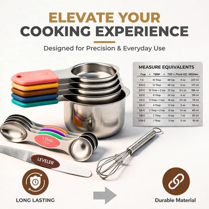 Magnetic Measuring Cups and Spoons Set, 13 Piece 304 Heavy Duty Stainless Steel with Leveler, Mini Whisk & Conversion Chart, Stackable Nesting Design, Double Sided Spoons for Dry & Liquid Ingredients