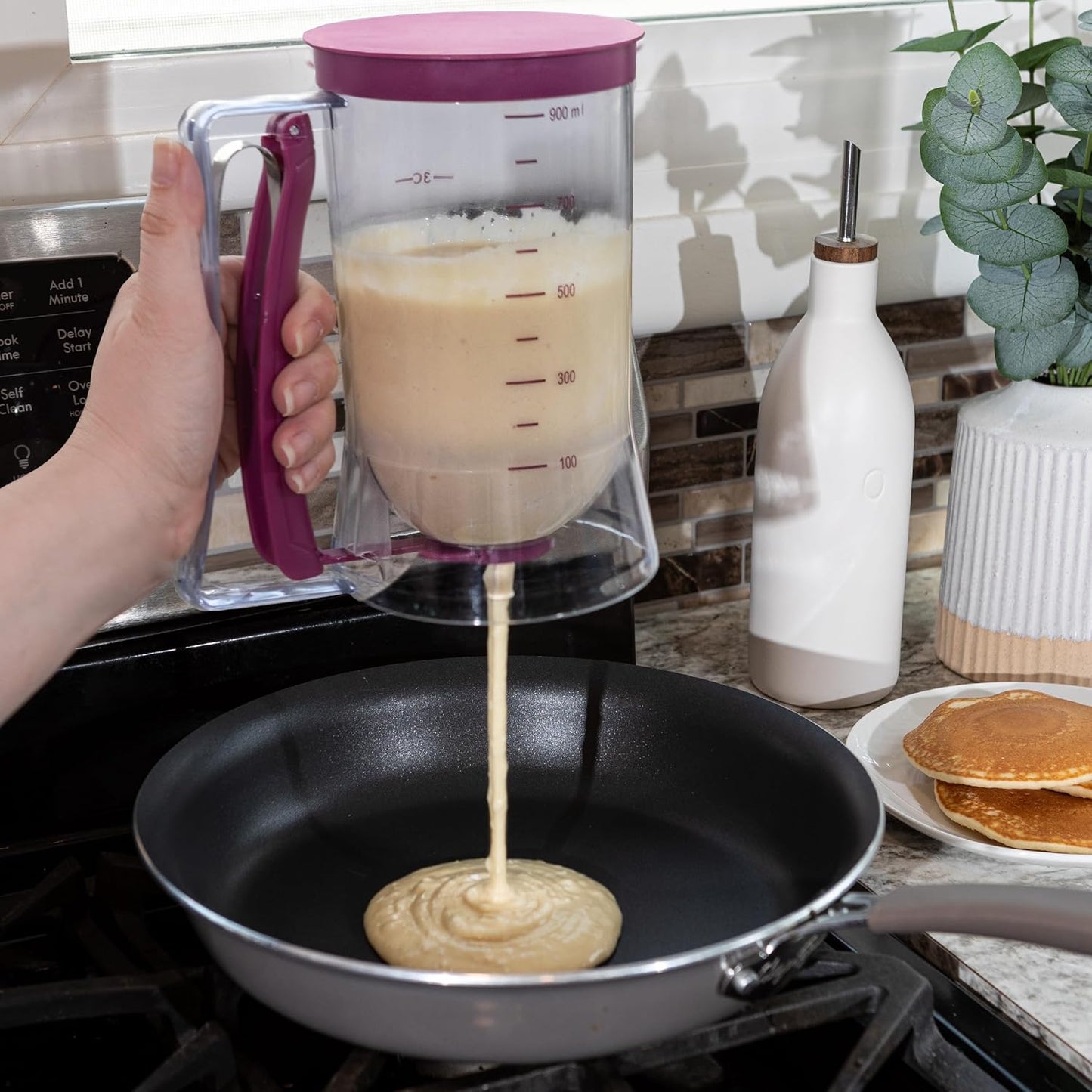 Pancake Batter Dispenser - 4-Cup Batter Dispenser with Squeeze Handle for Pancakes, Waffles, Muffins, and Crepes - Baking Tools (Purple)