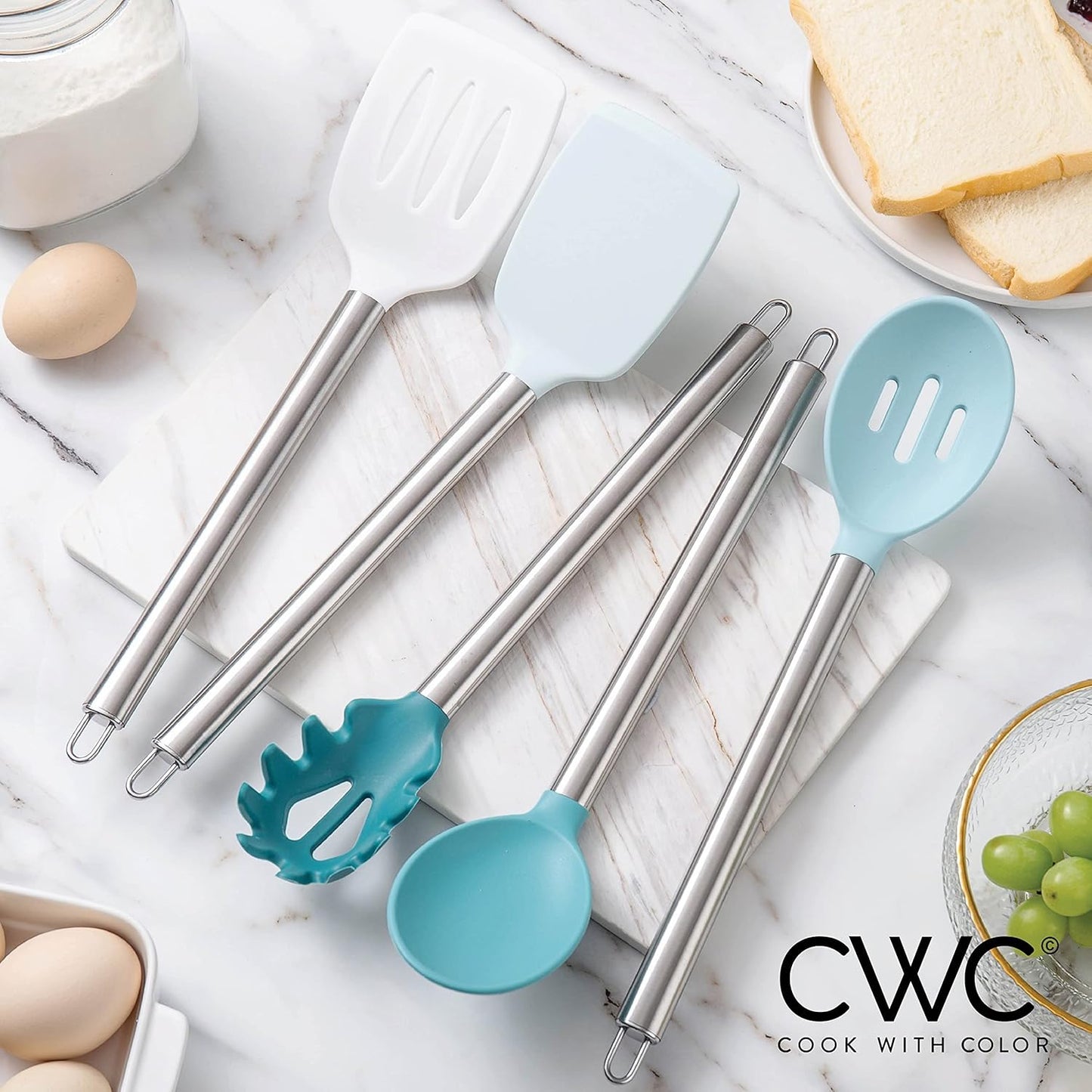 COOK WITH COLOR Silicone Cooking Utensils, Kitchen Utensil Set, Easy to Clean Silicone Kitchen Utensils, Cooking Utensils for Nonstick Cookware, Kitchen Gadgets Set, 10 Pieces, Green