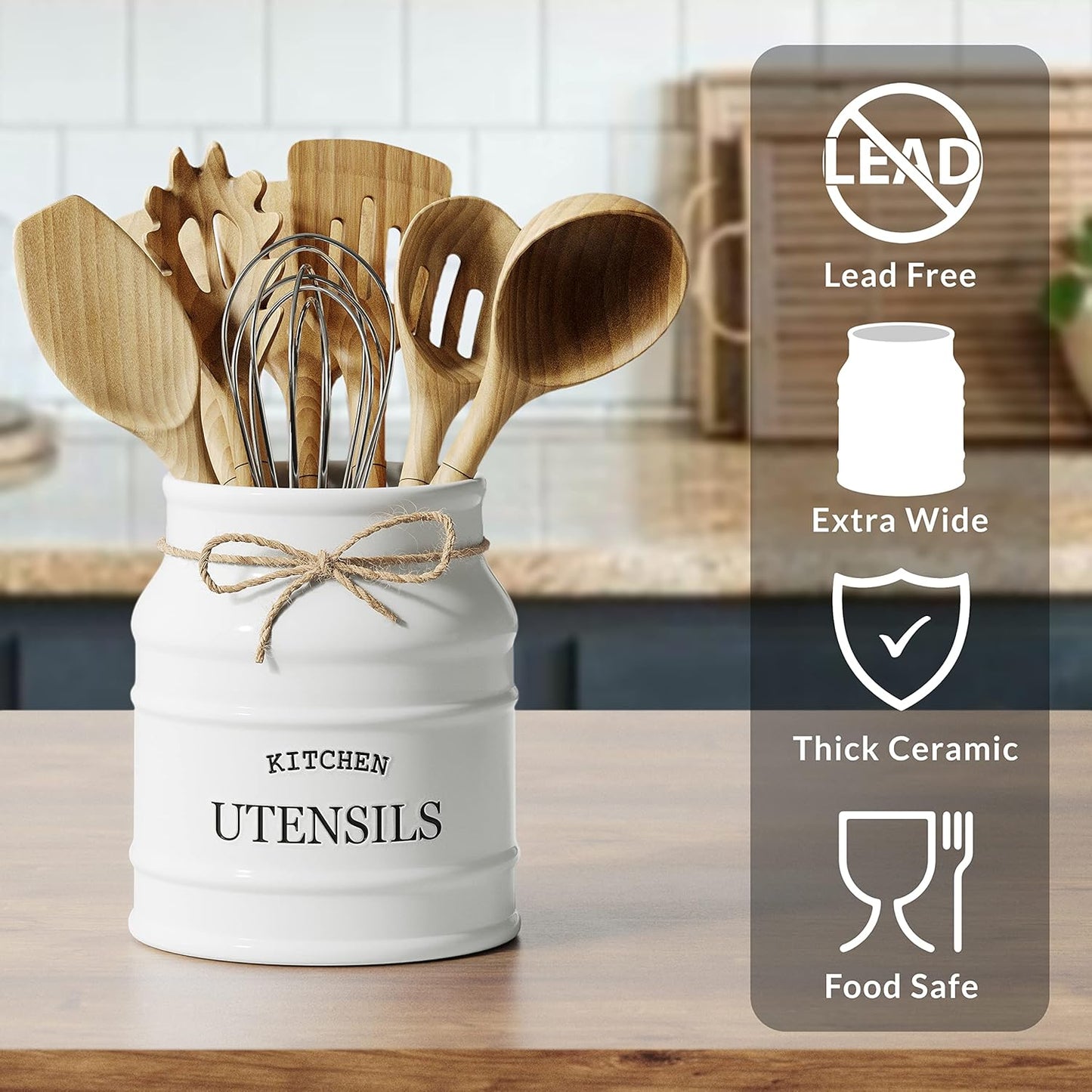 Barnyard Designs Ceramic Farmhouse Utensil Holder for Kitchen Counter, Large Rustic Utensil Crock, Countertop Cooking Tool Spatula Organizer, 6.75” (Taupe)