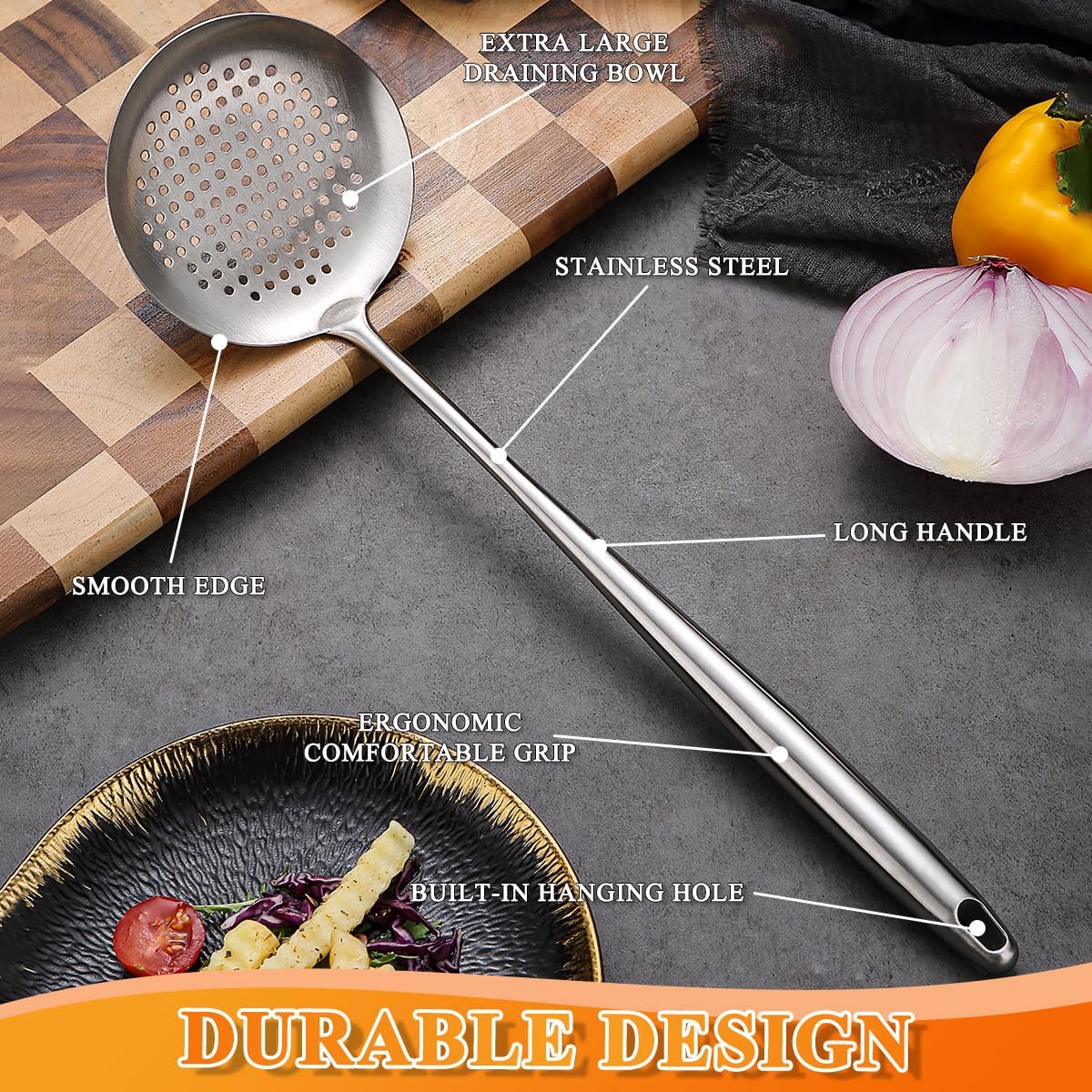 Kitchen Skimmer - Slotted Spoon for Straining, Stainless Steel Spider Strainer Skimmer Ladle for Cooking and Frying, Kitchen Utensils Pasta Spoon