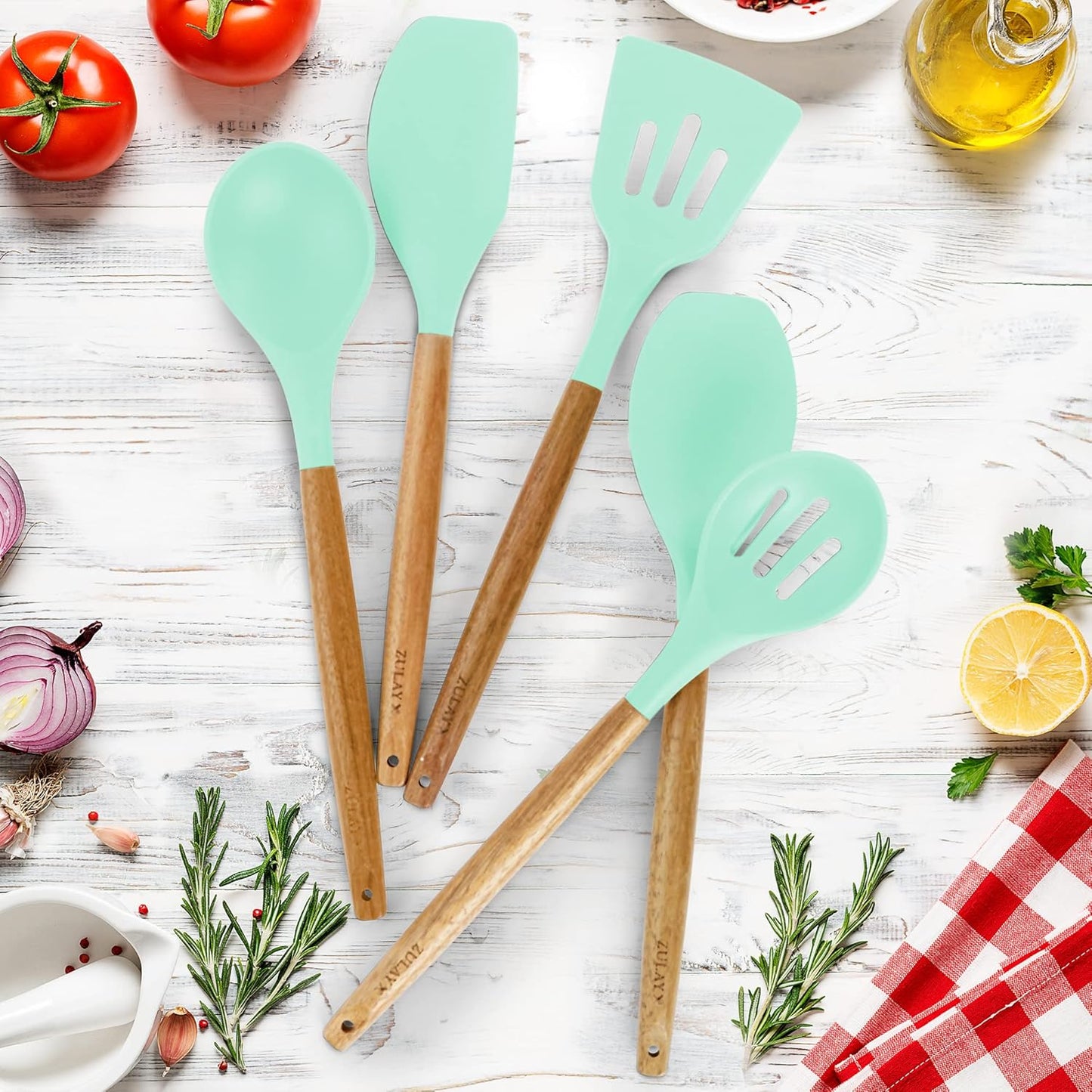 Zulay Kitchen Utensils Set Non-Stick Silicone Cooking Utensils Set with Authentic Acacia Wood Handles - 5 Piece Silicone Utensil Set - Kitchen Utensils Set with 464°F Heat Resistance - Gray