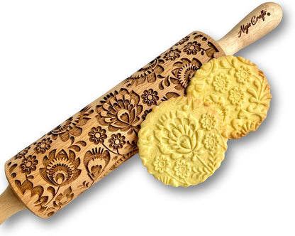 FLOWERING VINE Embossing Rolling Pin. Laser Engraved Dough Roller with Climbing Flowers Pattern for Embossed Cookies or Pottery by Algis Crafts