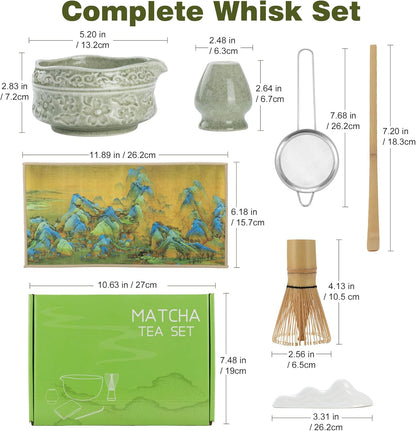 Matcha Whisk Set -7 Pcs Ceramic Matcha Kit Includes Matcha Bowl,Holder,Matcha Sifter, Bamboo Whisk (Chasen),Matcha Spoon and Scoop and Tea Towel,Matcha Kit for Matcha Lovers(Cyan)