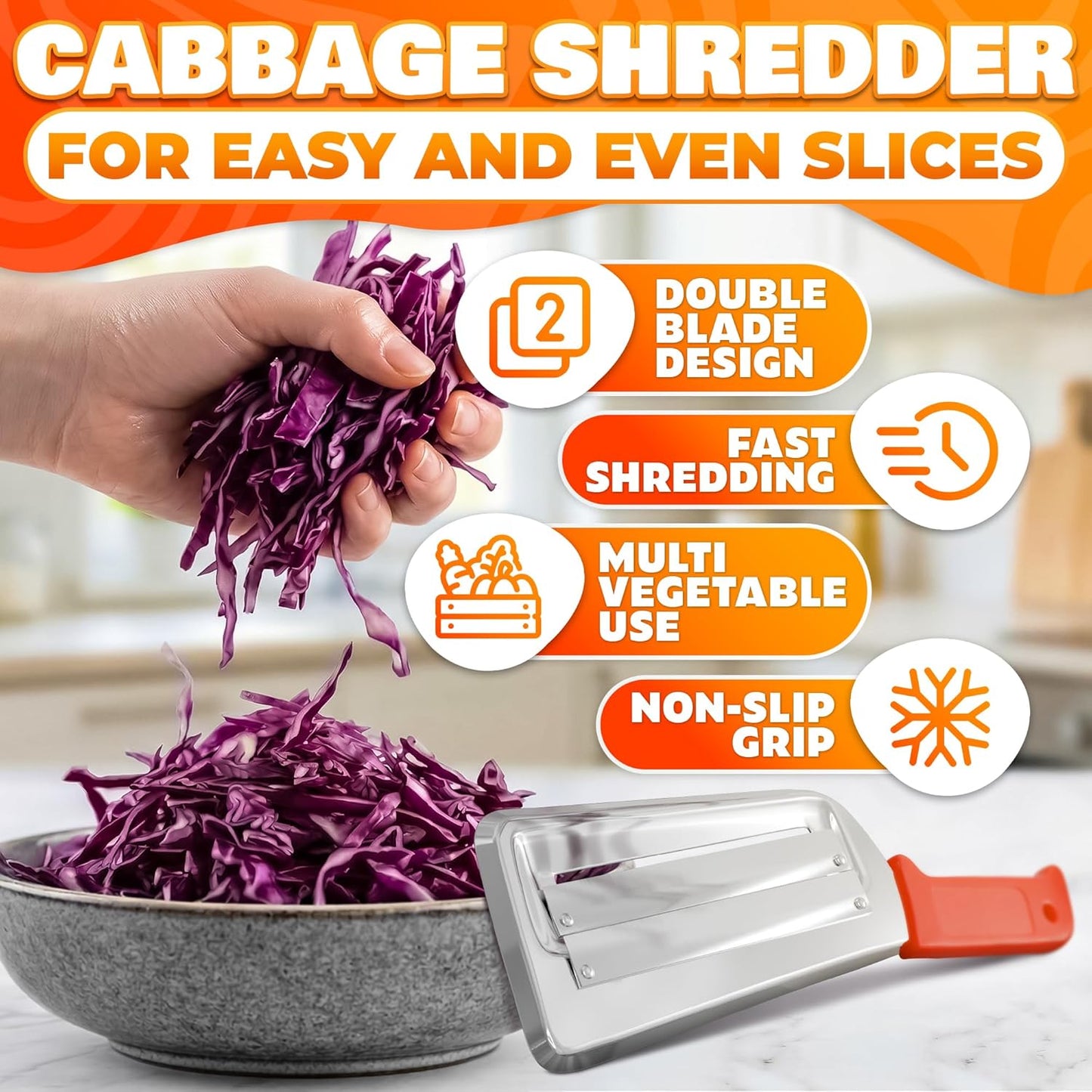 Cabbage Shredder with Dual Blade - Faster Coleslaw Prep in Minutes, Stainless Steel Cabbage Knife for Coleslaw & Salads, Lettuce Cutter for BBQ & Meal Prep, 11.8" Slicer, Ergonomic Non-Slip Handle