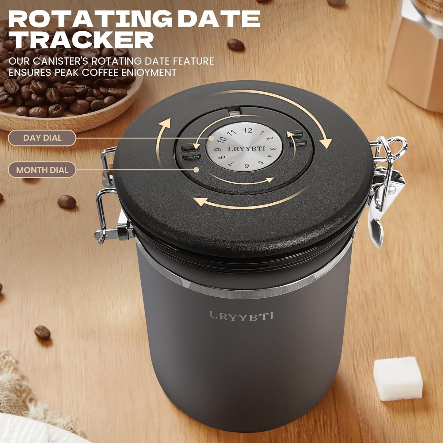 Coffee Canisters with Window,Scoop and Airtight Lid Stainless Steel Kitchen Bean Storage Grounds Container Date Tracker and Scoop for Grounds Coffee Bar Accessories (Cream+window, 22 oz)