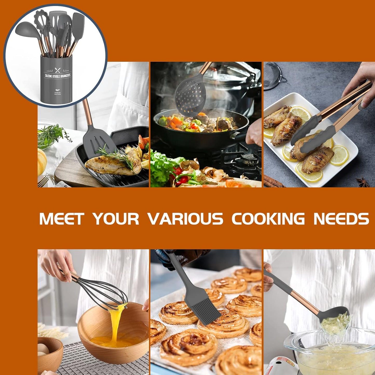 Silicone Cooking Utensil Set, Umite Chef 15pcs Silicone Cooking Kitchen Utensils Set, Non-stick - Best Kitchen Cookware with Stainless Steel Handle - Black Kitchen Utensils