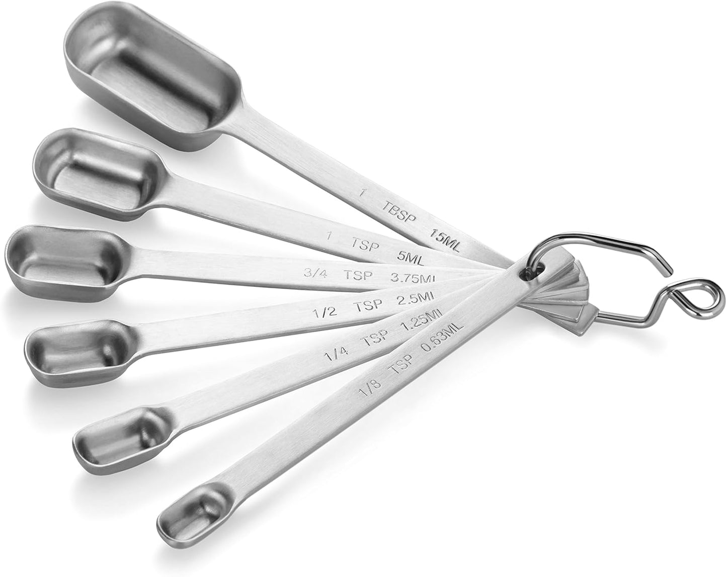 New Star Foodservice 43136 Stainless Steel 1/8 Measuring Spoons, Set of 6, Narrow Rectangular Measuring Spoon Set with Wall Mount Hook for Spices, Baking, Cooking, Silver