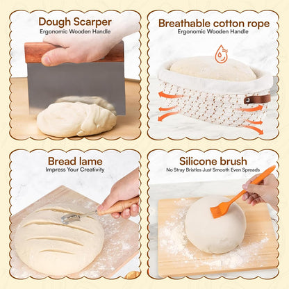 Sourdough Starter Kit 9” Round & 10” Oval Banneton Bread Proofing Baskets with Dough Whisk, Lame, Scraper & Starter Jar Beginner Friendly Bread Baking Supplies for Dutch Oven, Gluten Free Baking