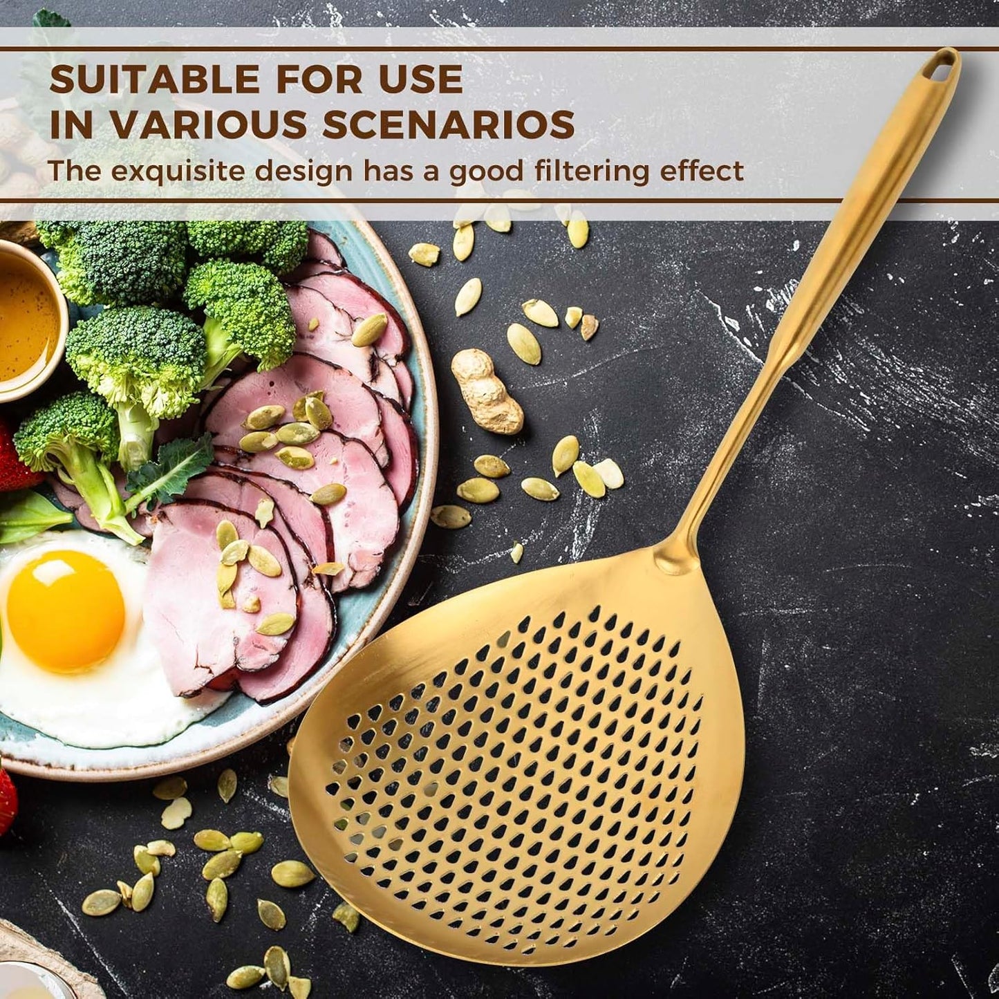 Snailhouse Slotted Skimmer Spoon, Stainless Steel Pasta Noodle Fryer Spider Strainer Scoop Ladle Spoon with Handle for Cooking Frying, Gold