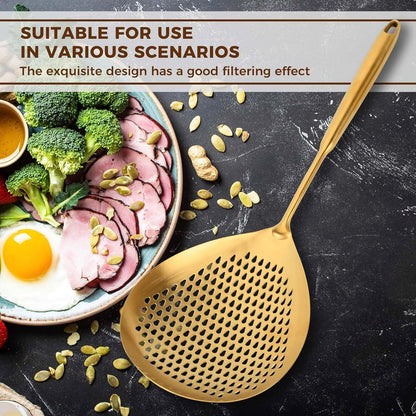 Snailhouse Slotted Skimmer Spoon, Stainless Steel Pasta Noodle Fryer Spider Strainer Scoop Ladle Spoon with Handle for Cooking Frying, Gold
