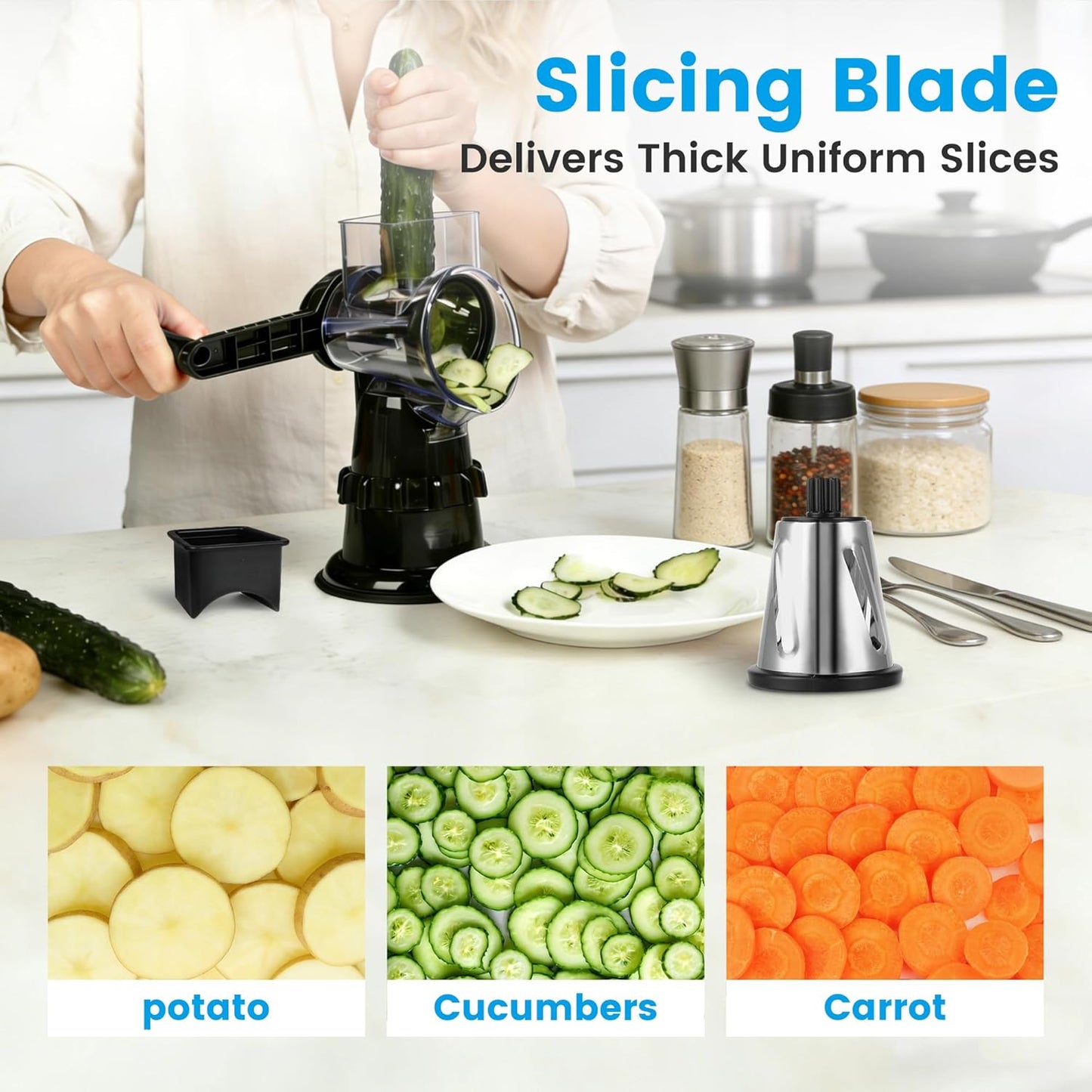 Rotary Cheese Grater Hand Crank, Vegetable Slicer with 3 Blades, Stable Suction, Labor-Saving Handle, Cheese Shredder for Potato Vegetables Nuts Chocolate, Black